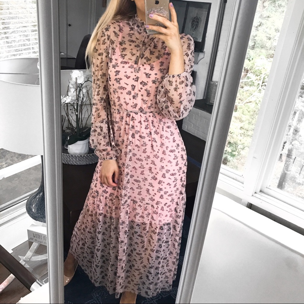 🆕BLUSH FLORAL FISHNET HIGH NECK LONG SLEEVE DRESS - Picture 5 of 11